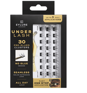Packaging for Eylure Under Lash pre-glued clusters, featuring 30 lash clusters and instructions for application.
